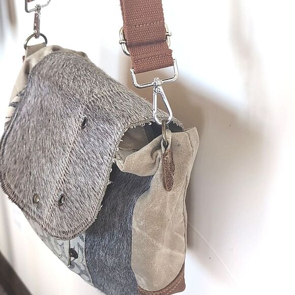 Myra Calf Hair/Canvas Distressed Crossbody Messenger Bag - Picture 7 of 16